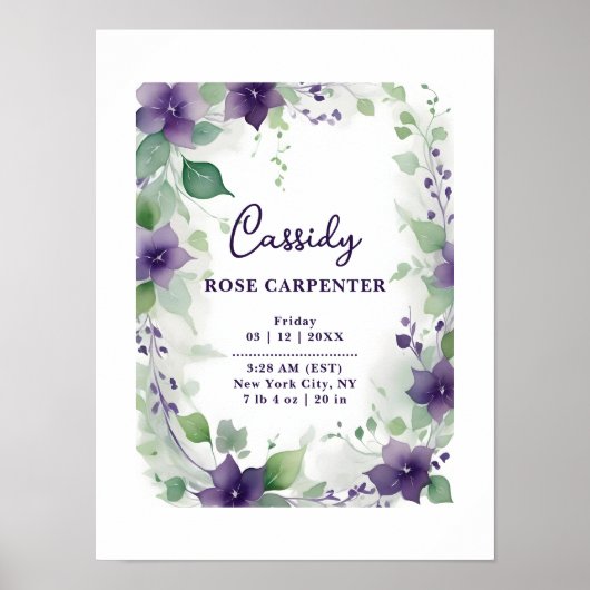 Elegant Purple Garland Floral Baby Newborn Birth Poster (Voorkant)