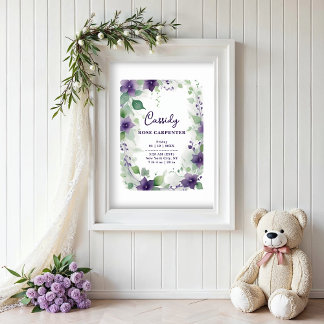 Elegant Purple Garland Floral Baby Newborn Birth Poster