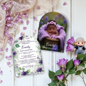 Elegant Purple Garland Floral Photo Baptism Baby Kaart