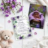 Elegant Purple Garland Floral Photo Baptism Baby Kaart