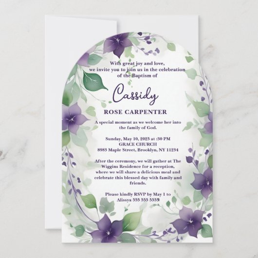 Elegant Purple Garland Floral Photo Baptism Baby Kaart (Voorkant)