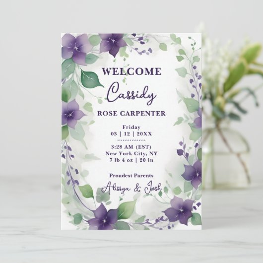  Elegant Purple Garland Flowers Photo Birth Baby Aankondiging (Staand voorkant)