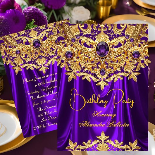 Elegant Purple gems Gold Lace Damask Birthday Kaart