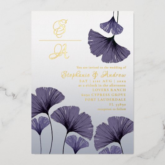 Elegant Purple Ginkgo Foliage Wedding  Invitation Folie Uitnodiging (Voorkant)