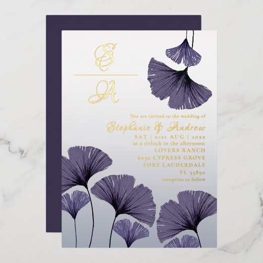 Elegant Purple Ginkgo Foliage Wedding  Invitation Folie Uitnodiging (Voorkant / Achterkant)