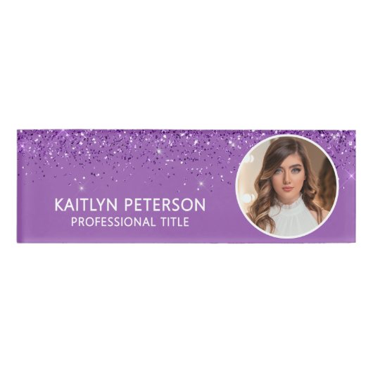 Elegant Purple Glitter Employee Photo ID Naambadge (Voorkant)