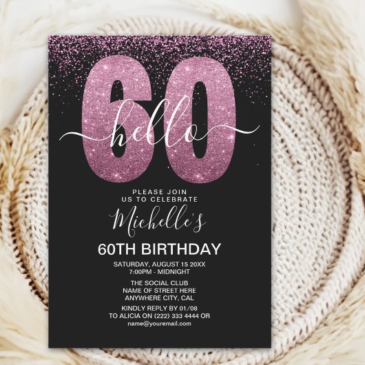 Elegant Purple Glitter "Hello 60" Birthday Kaart