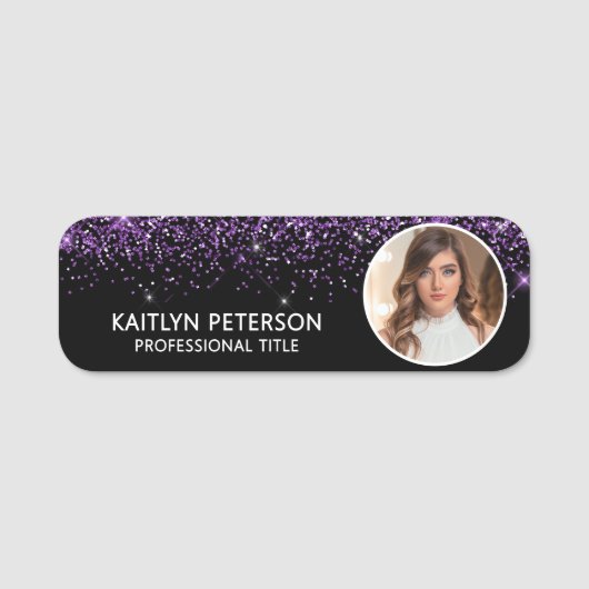 Elegant Purple Glitter Magnetic Employee Photo ID Naamplaatje (Voorkant)