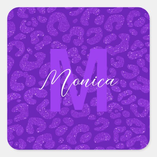 Elegant Purple Glitter Monogram Script Name Vierkante Sticker (Voorkant)