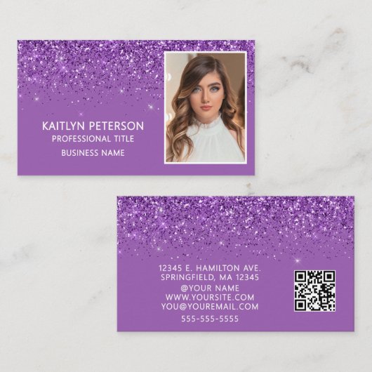 Elegant Purple Glitter Photo QR Code  Visitekaartje (Voorkant / Achterkant)