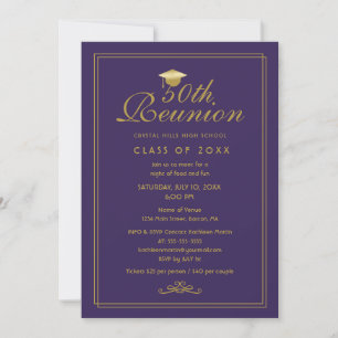 Elegant Purple Gold 50th Class Reunion Kaart