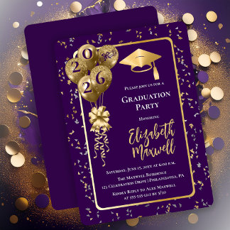 Elegant Purple Gold Balloons Graduation Party Kaart