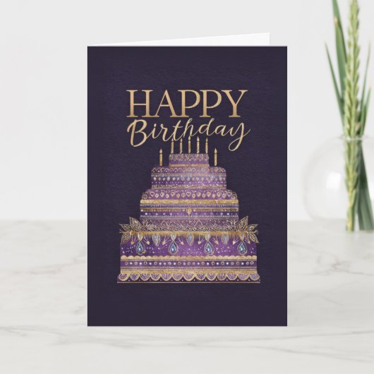 Elegant Purple & Gold Birthday Cake Kaart (Voorkant)