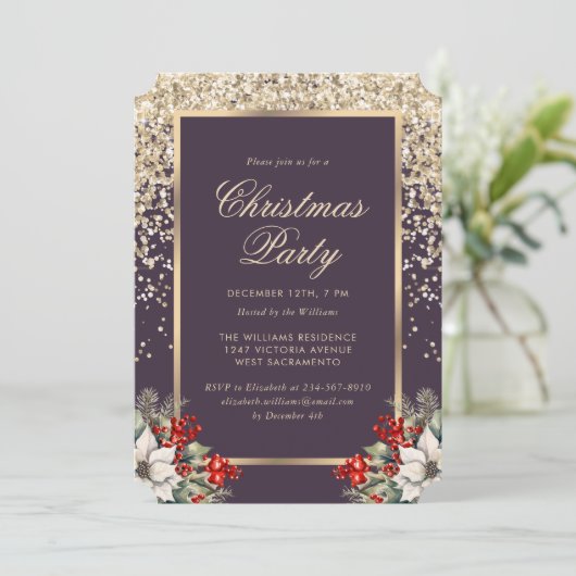 Elegant Purple Gold Botanical Christmas Party Kaart (Staand voorkant)