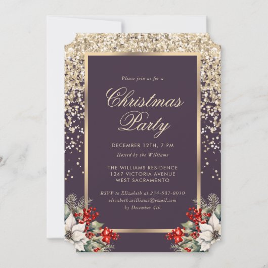 Elegant Purple Gold Botanical Christmas Party Kaart (Voorkant)