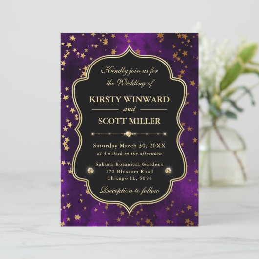 Elegant Purple & Gold Celestial Starry Wedding Kaart (Staand voorkant)