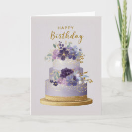 Elegant Purple & Gold Floral Birthday Cake Kaart