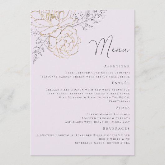 Elegant Purple Gold Floral Wedding Menu (Voorkant)