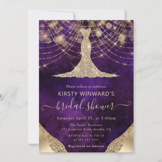 Elegant Purple Gold Gown Bridal Shower Kaart (Voorkant)