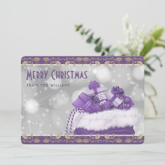 Elegant Purple Gold Holly Christmas Presents Feestdagenkaart (Staand voorkant)