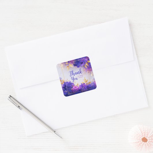 Elegant Purple Gold Hydrangea Floral Sparkle Vierkante Sticker (Envelop)