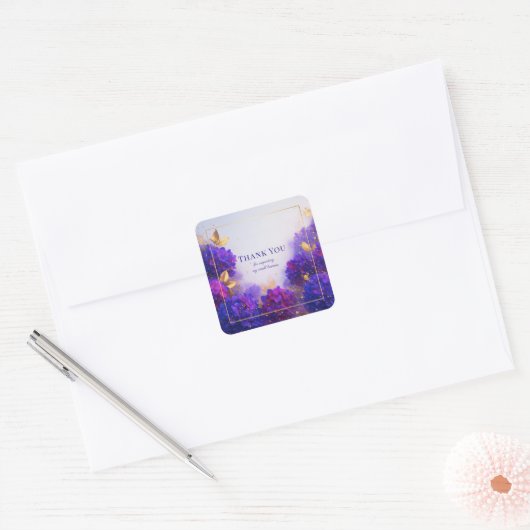 Elegant Purple Gold Hydrangea Floral Sparkle Vierkante Sticker (Envelop)