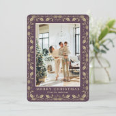 Elegant Purple Gold Photo Merry Christmas Card Feestdagenkaart (Staand voorkant)