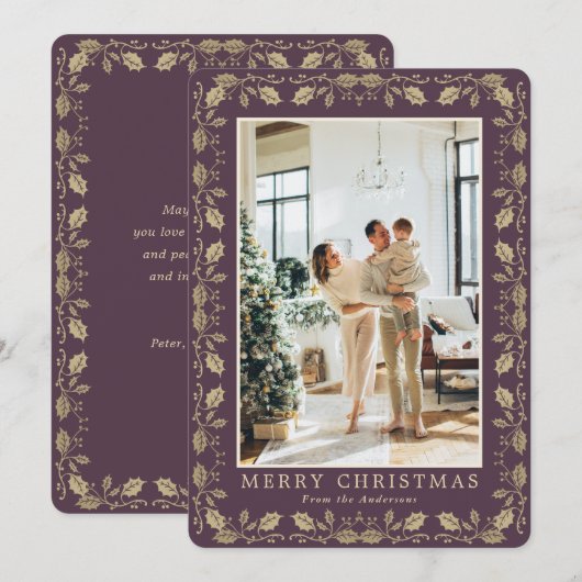 Elegant Purple Gold Photo Merry Christmas Card Feestdagenkaart (Voorkant / Achterkant)