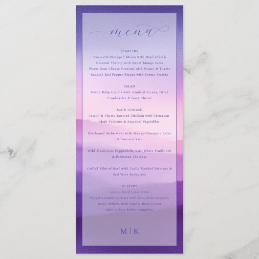 Elegant Purple Gradient Wedding Menu (Voorkant)
