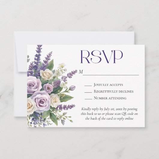 Elegant Purple Lavender Roses Wedding QR Code RSVP Kaartje (Voorkant)