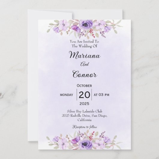 Elegant Purple Minimalist Floral Wedding  Kaart (Voorkant)