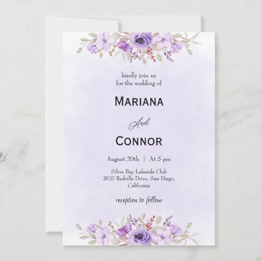 Elegant Purple Minimalist Floral Wedding  Kaart (Voorkant)