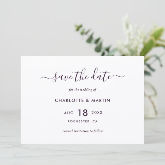 Elegant Purple Modern Script Wedding Save The Date (Staand voorkant)