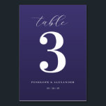 Elegant Purple Number Table Sign Kaart<br><div class="desc">This elegant wedding table card features a minimalist design with a deep purple background and crisp white text. The layout centers around a large, bold serif number "3, " complemented by cursive script for the word "table" at the top and clean sans-serif fonts for customizable names and date below. The...</div>