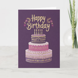 Elegant Purple, Pink & Gold Birthday Cake Kaart