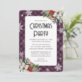 Elegant Purple Plaid Botanical Christmas Party Kaart (Staand voorkant)