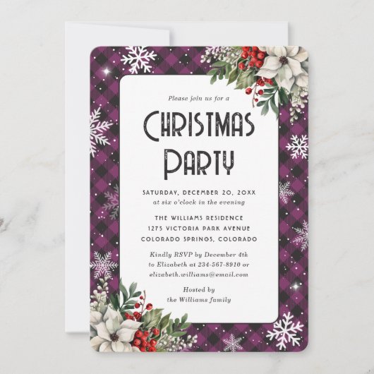Elegant Purple Plaid Botanical Christmas Party Kaart (Voorkant)