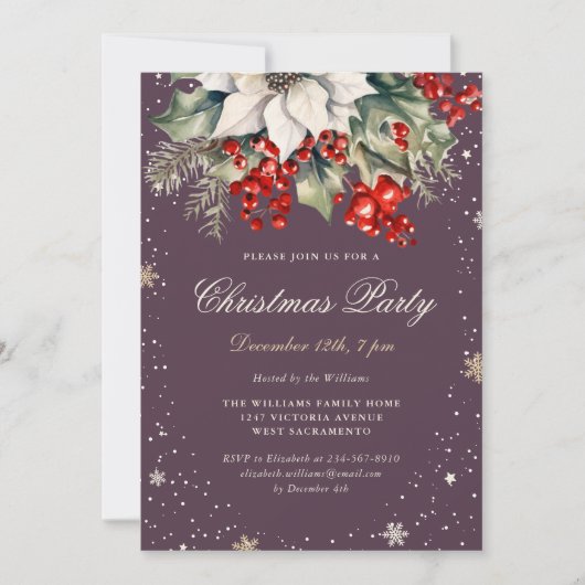 Elegant Purple Poinsettia Berries Christmas Party Kaart (Voorkant)