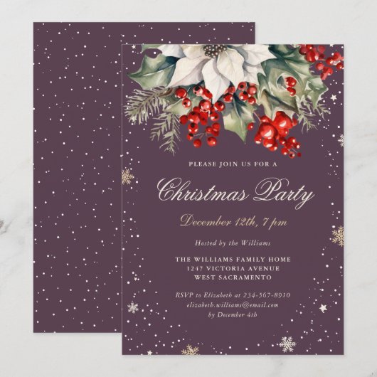 Elegant Purple Poinsettia Berries Christmas Party Kaart (Voorkant / Achterkant)