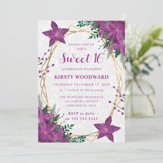 Elegant Purple Poinsettia Winter Sweet 16 Kaart (Staand voorkant)