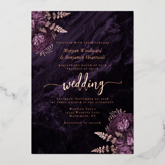 Elegant Purple Rose Gold Floral Wedding Folie Uitnodiging (Voorkant)