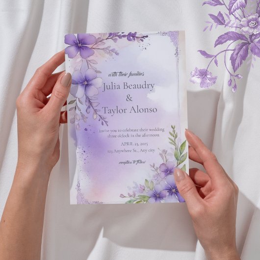 Elegant Purple Rose Wedding Invite Kaart