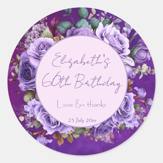 Elegant purple roses birthday party monogrammed ronde sticker (Voorkant)
