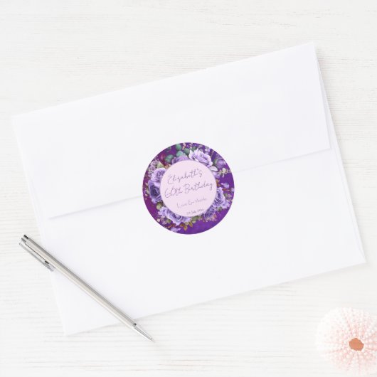 Elegant purple roses birthday party monogrammed ronde sticker (Envelop)