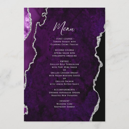 Elegant Purple Silver Agate Wedding Menu (Voorkant)