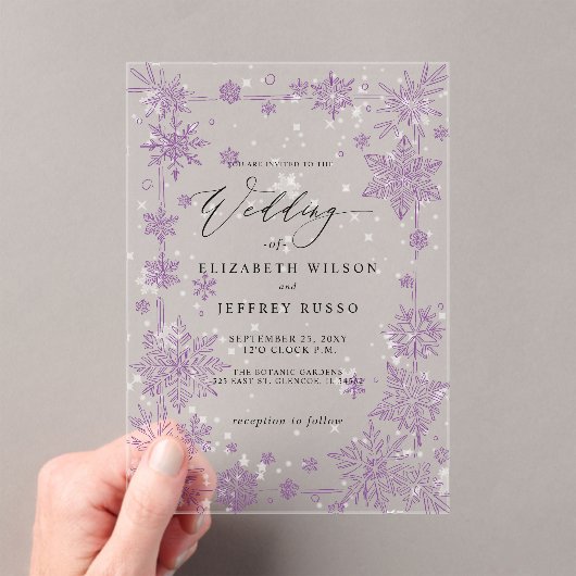 Elegant Purple snowflakes Winter Wedding Acryl Uitnodigingen (Insitu (Draagbaar))