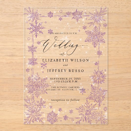 Elegant Purple snowflakes Winter Wedding Acryl Uitnodigingen (Voorkant)