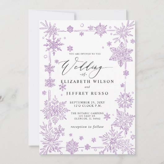 Elegant Purple snowflakes Winter Wedding Kaart (Voorkant)
