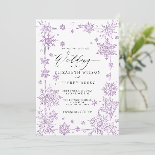 Elegant Purple snowflakes Winter Wedding Kaart (Staand voorkant)