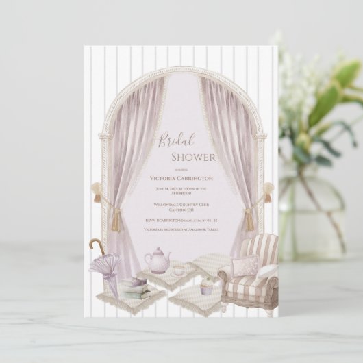 Elegant Purple Stripe Bridal Shower Kaart (Staand voorkant)